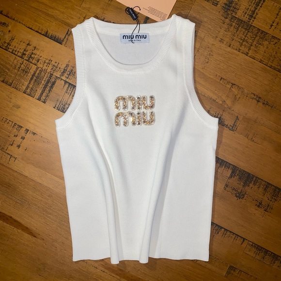 Miu Miu White Knitted Vest Top with Gold Rhinestones Logo, Size Medium - Picture 1 of 4